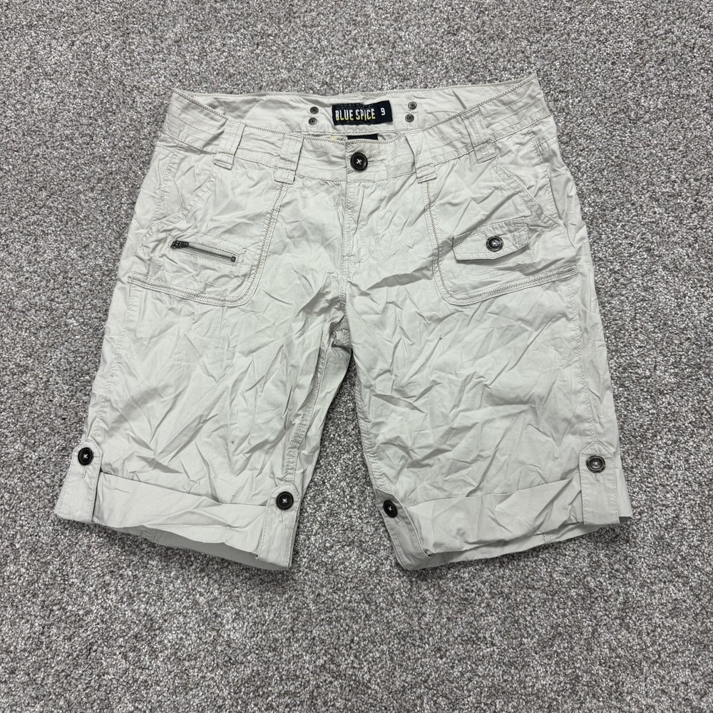 Y2K Blue Spice Cargo Shorts Womens 9 Beige Twill Bermuda Pockets Summer Casual